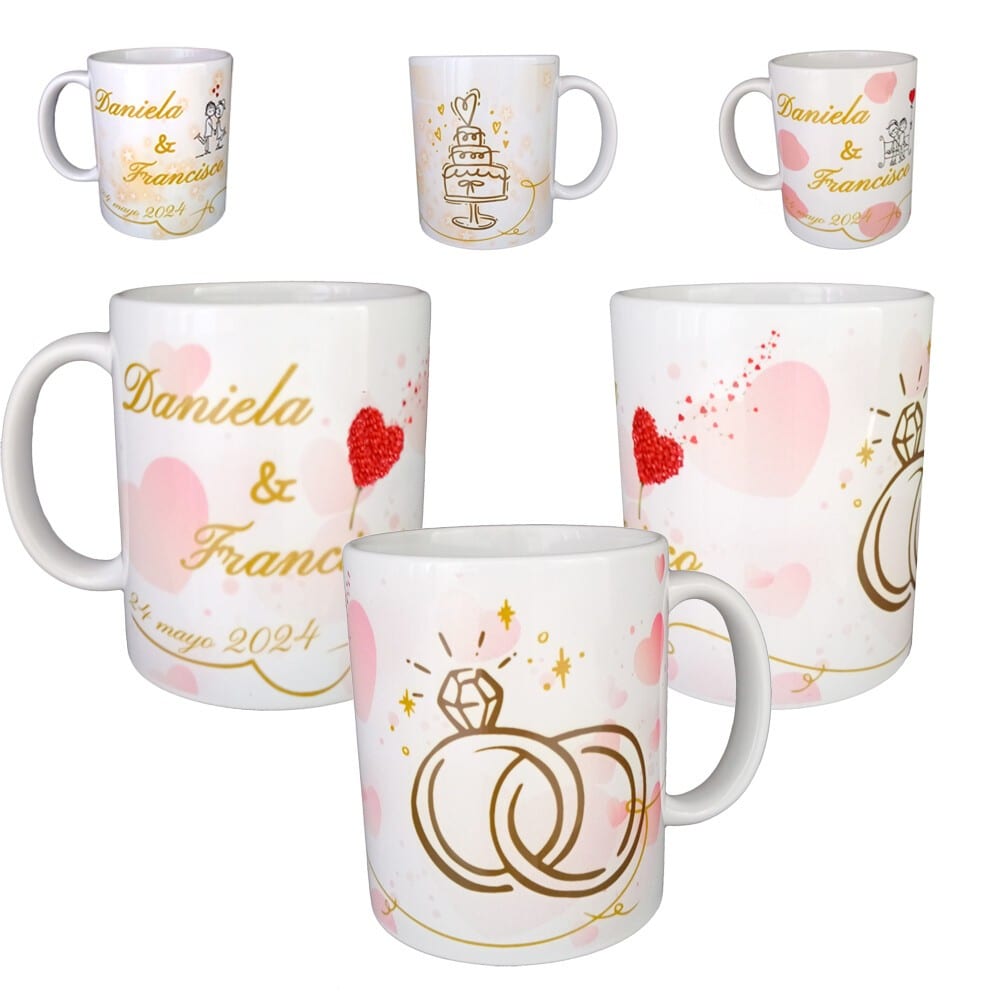 TAZA PERSONALIZADA CON DIBUJOS Y FONDOS, DETALLE DE BODA