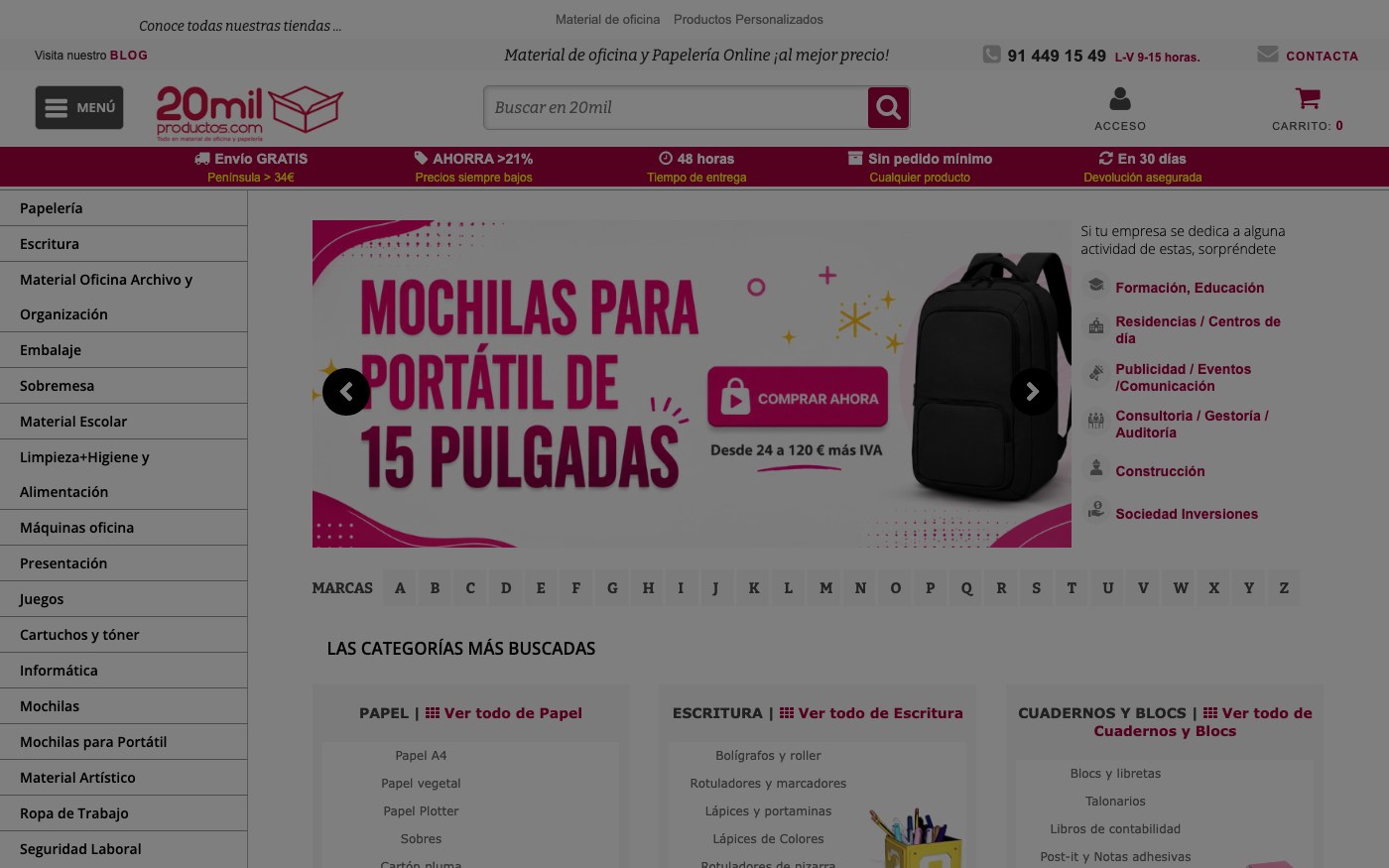 Captura limpia de la home oficial de 20milproductos.com