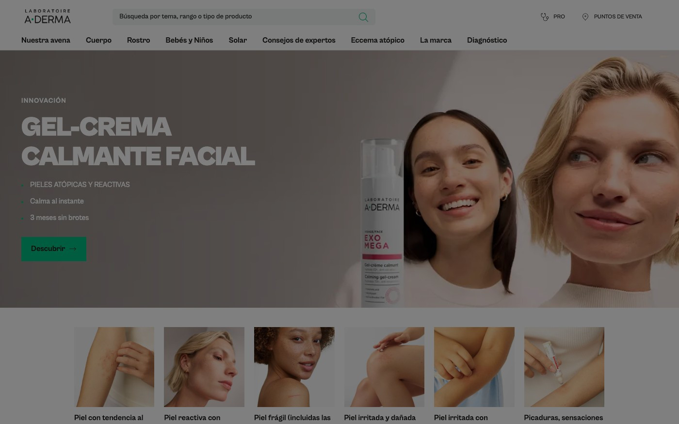 Captura de pantalla de la home de A-Derma
