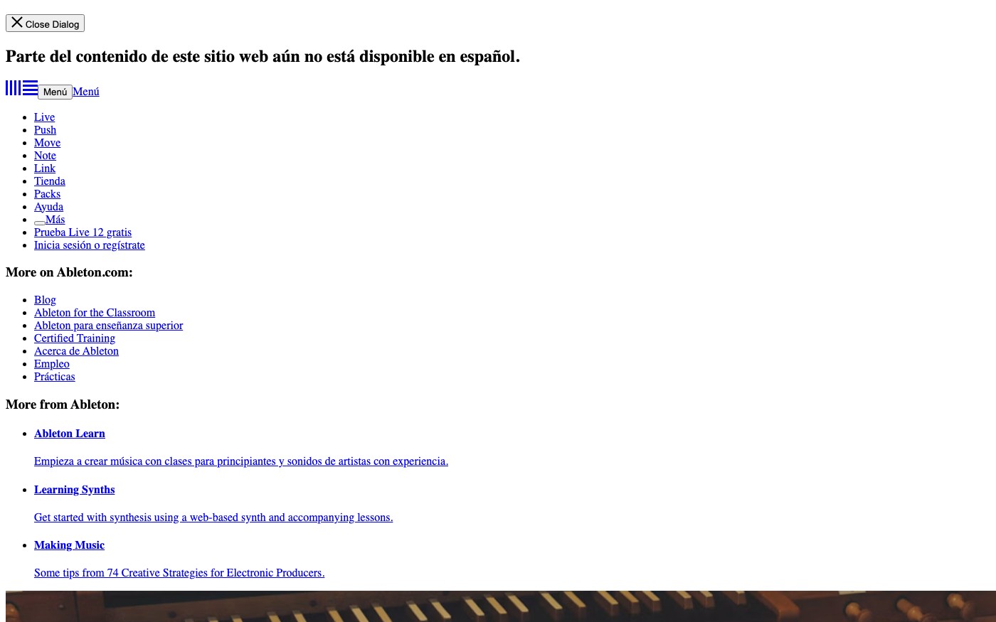 Captura limpia de la home oficial de Ableton