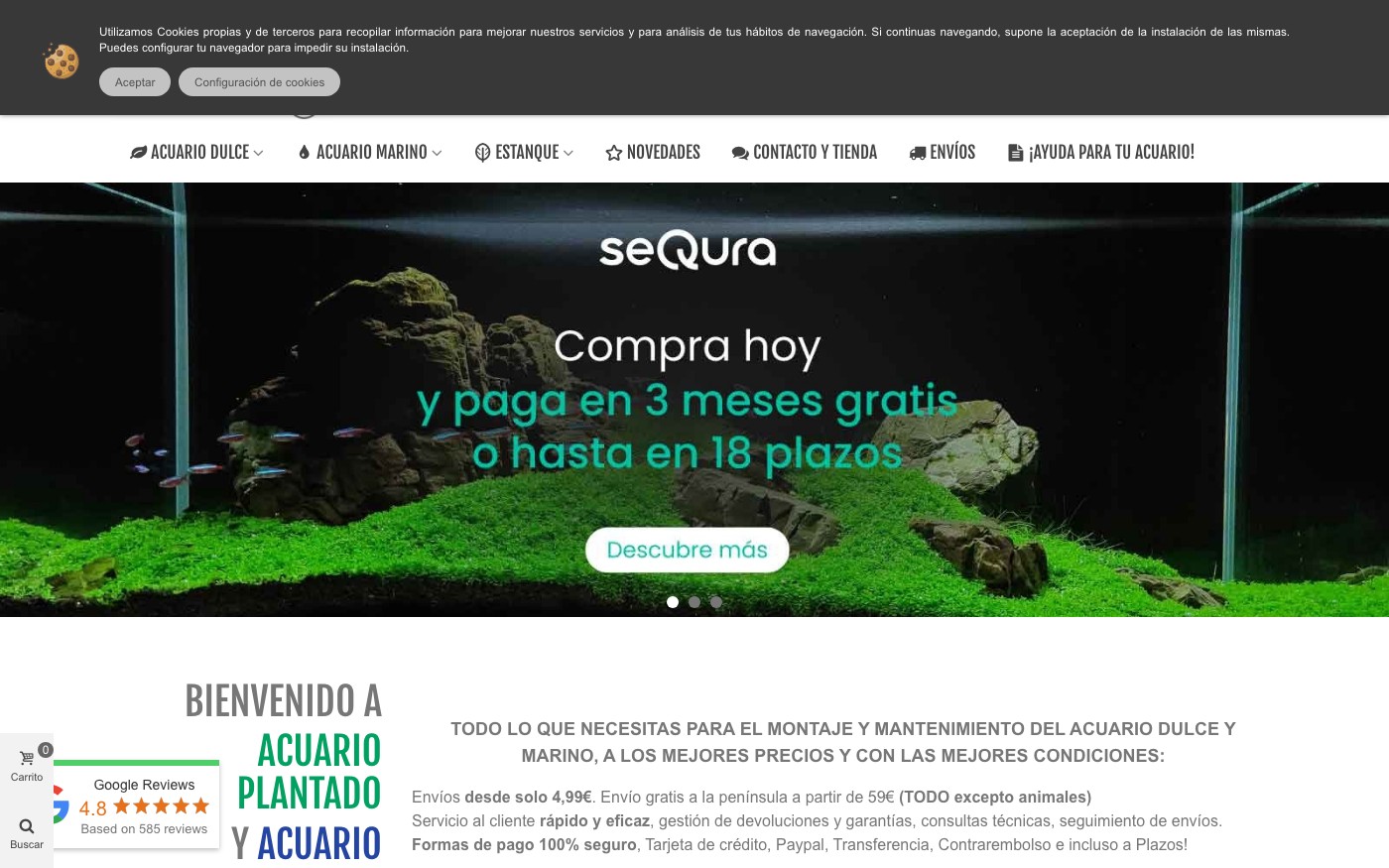 Captura de pantalla de la home de Acuario Plantado