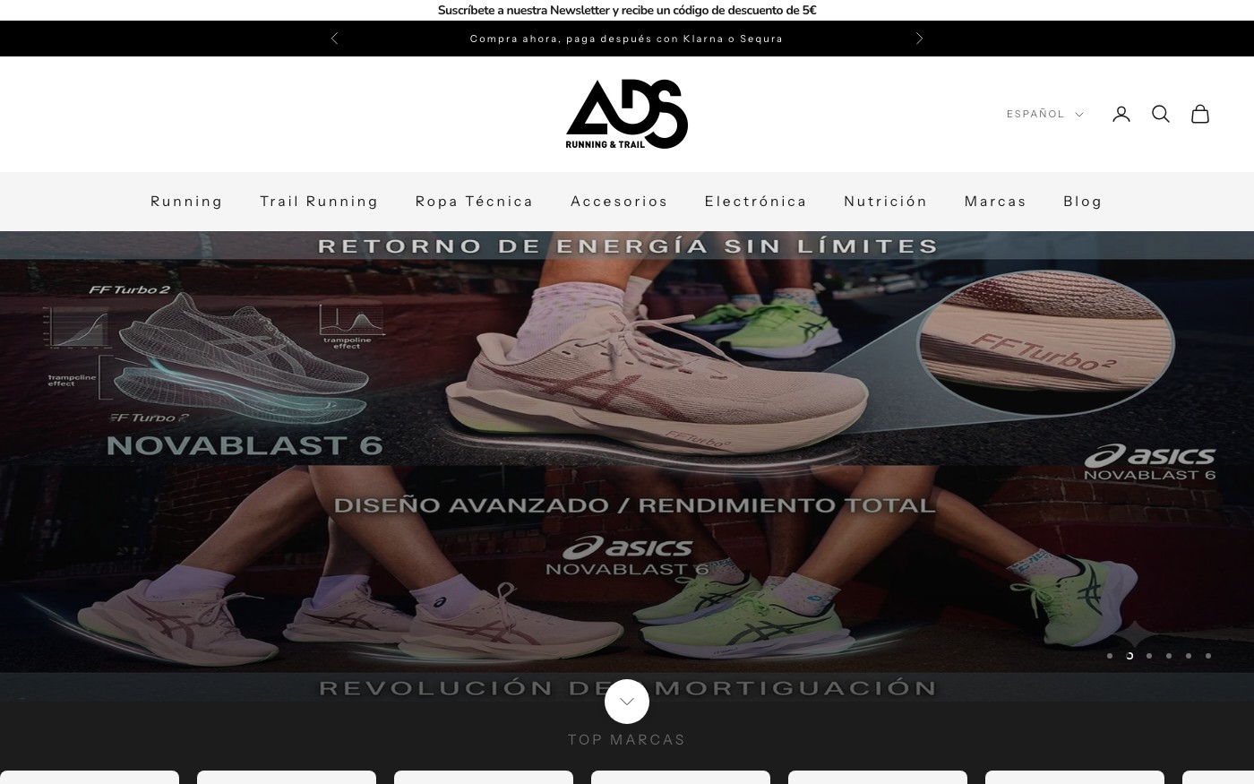 Captura de pantalla de la home de ADS Running Shop