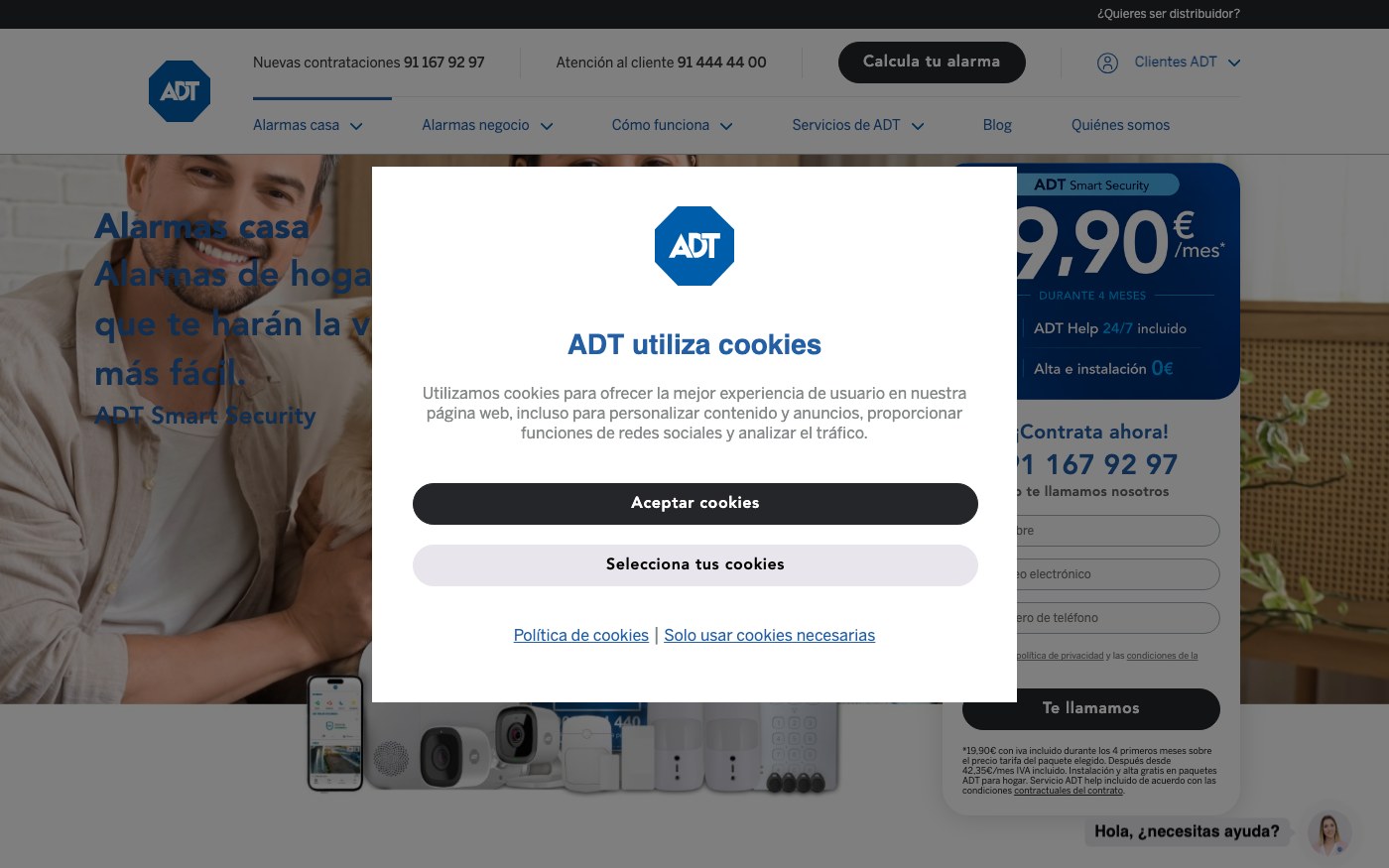 Captura de pantalla de la home de ADT Alarmas