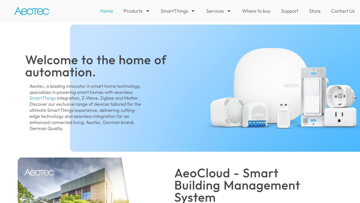 Captura limpia de la home oficial de Aeotec
