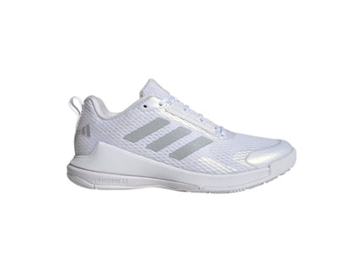 The adidas Women's Novaflight 2 W Volleyball Shoe in white and silver showcased against a plain background | All Volleyball.