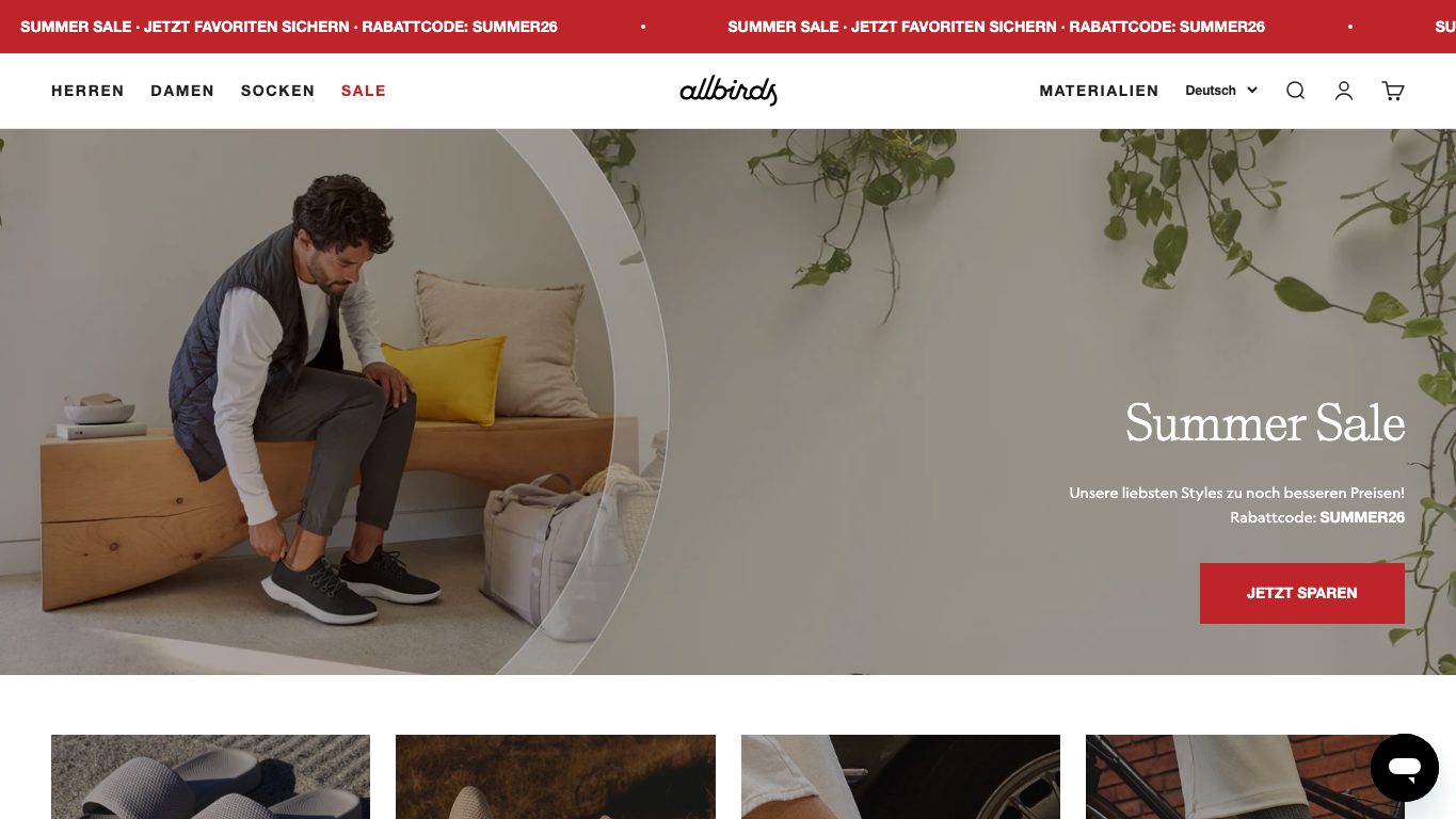 Captura real de la home de Allbirds