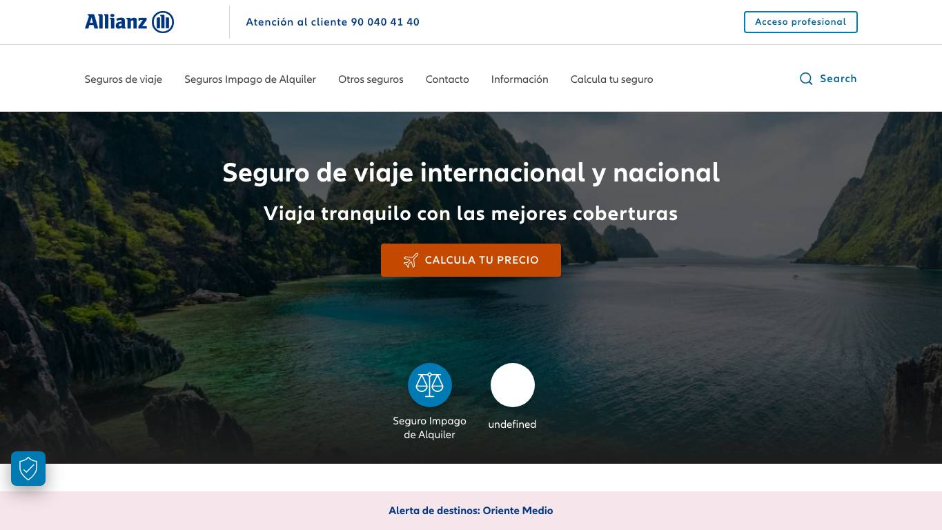 Captura de pantalla de la home de Allianz Assistance
