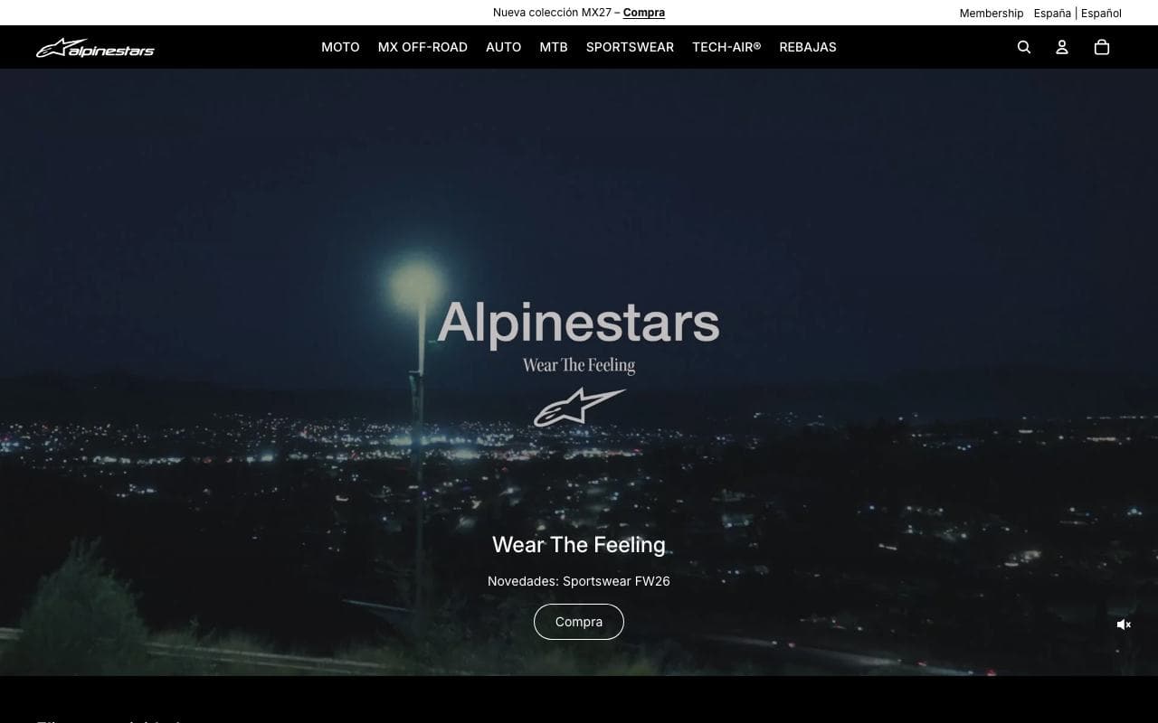 Captura limpia de la home oficial de Alpinestars