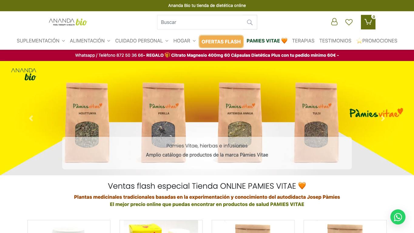 Captura de pantalla de la home de Ananda Bio