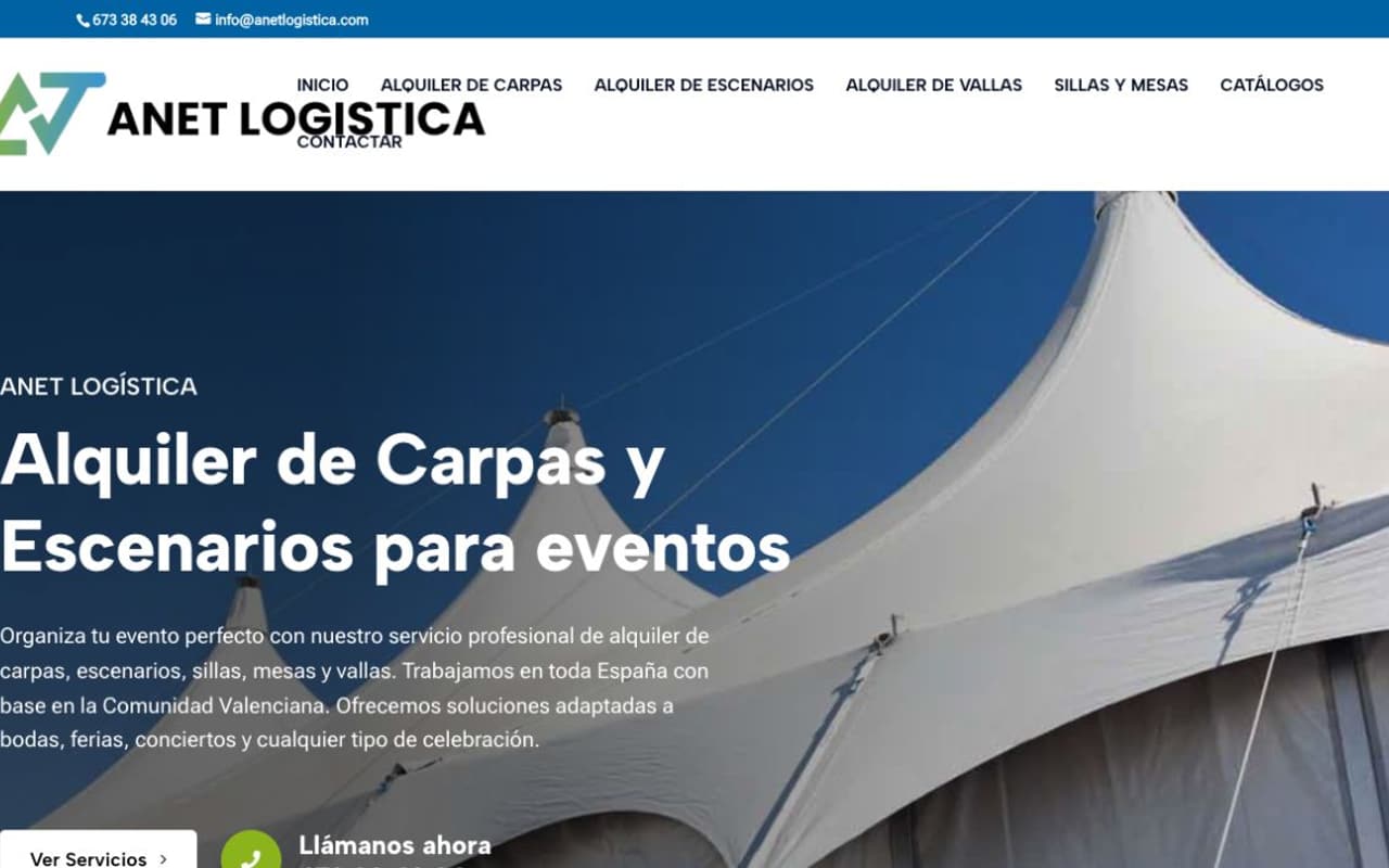 Captura de pantalla de la home de Anet Logística