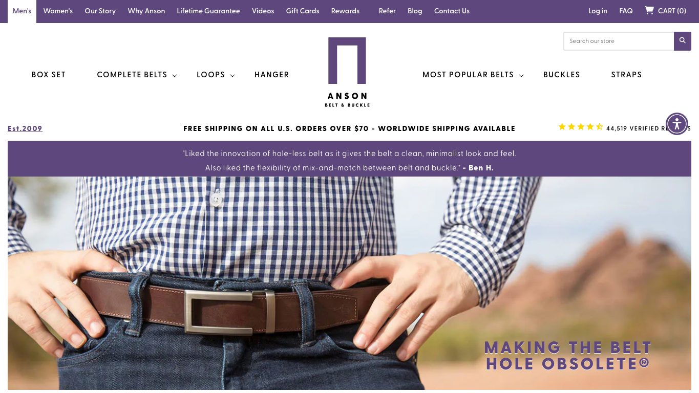 Captura real de la home de Anson Belt & Buckle