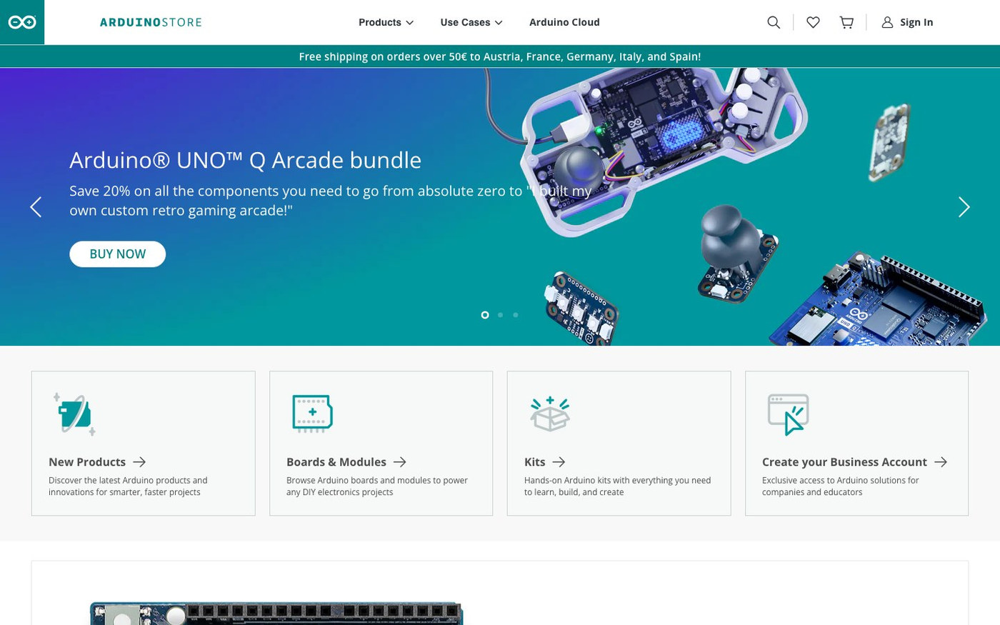 Captura limpia de la home oficial de Arduino Store