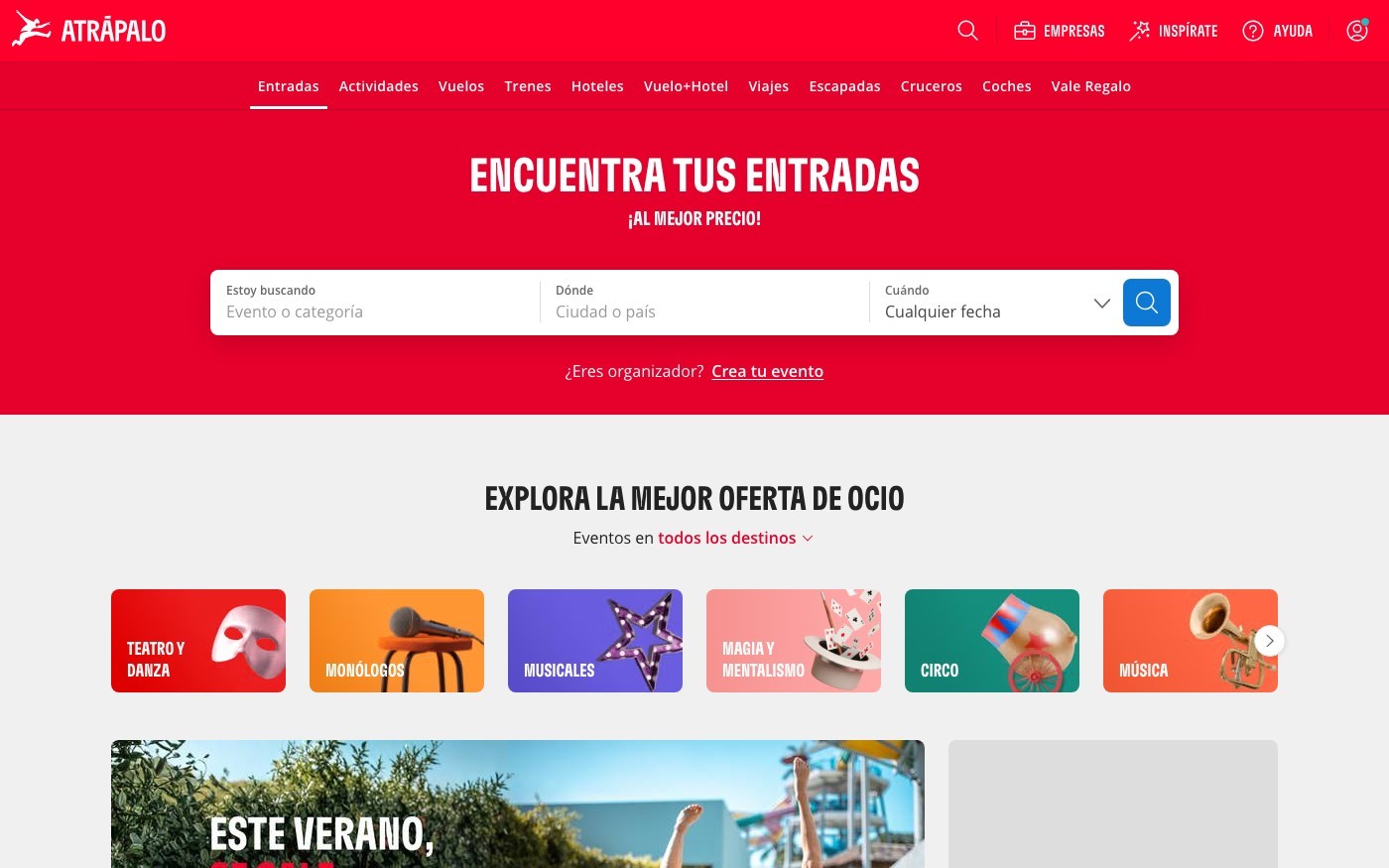 Captura limpia de la home oficial de Atrápalo