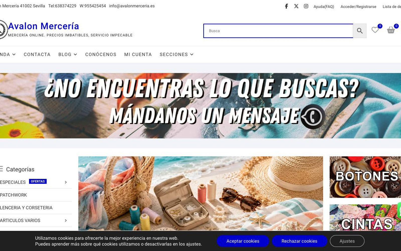 Captura limpia de la página de inicio de Avalon Mercería