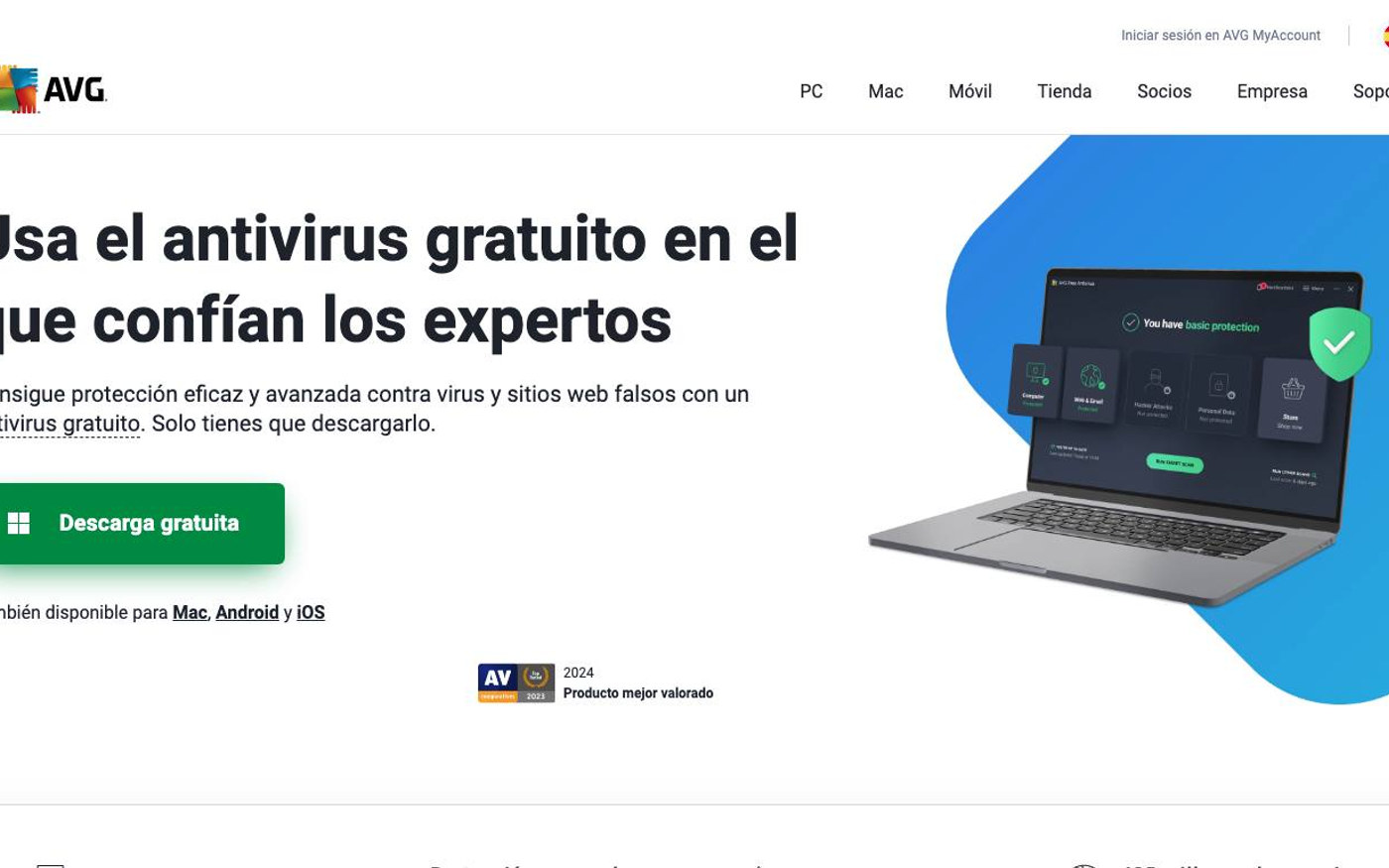 Captura limpia de la home oficial de AVG