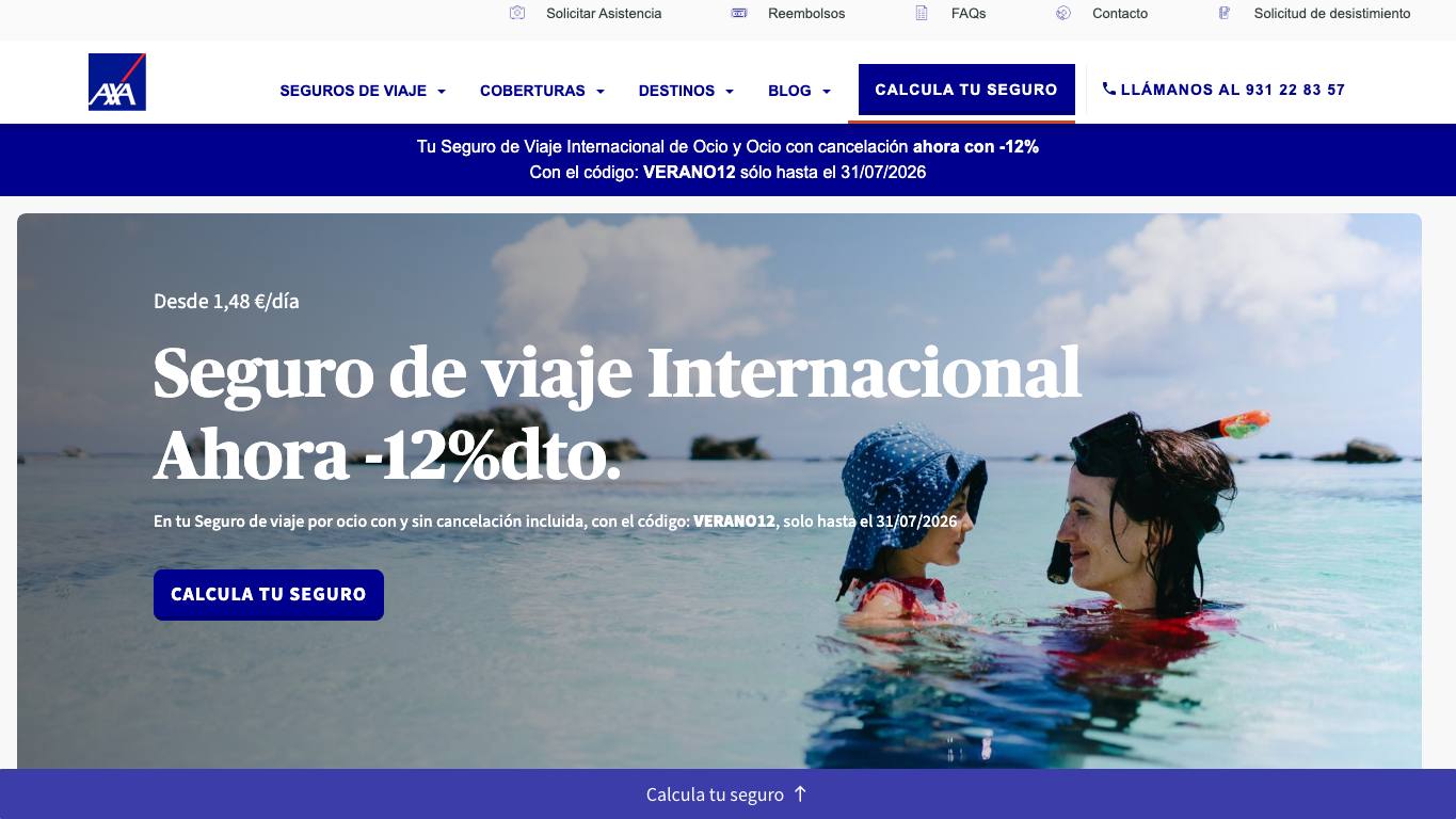 Captura de pantalla de la home de AXA Assistance
