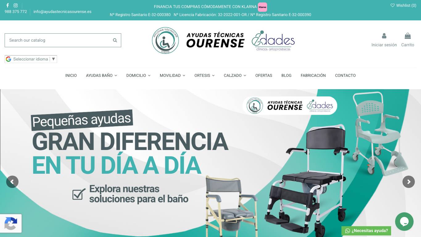 Captura de pantalla de la home de Ayudas Tecnicas Ourense