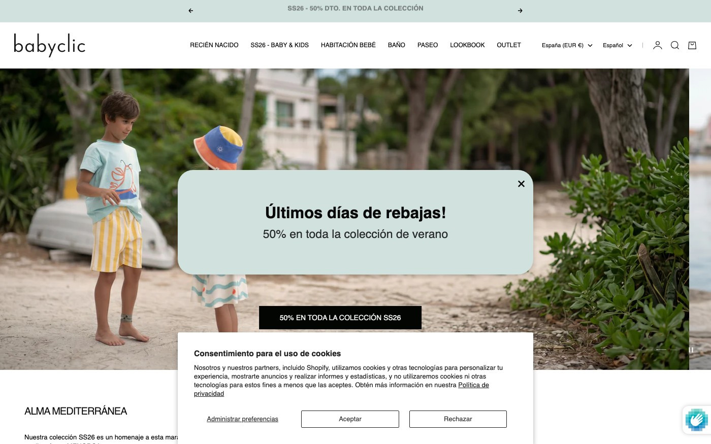 Captura de pantalla de la home de Babyclic