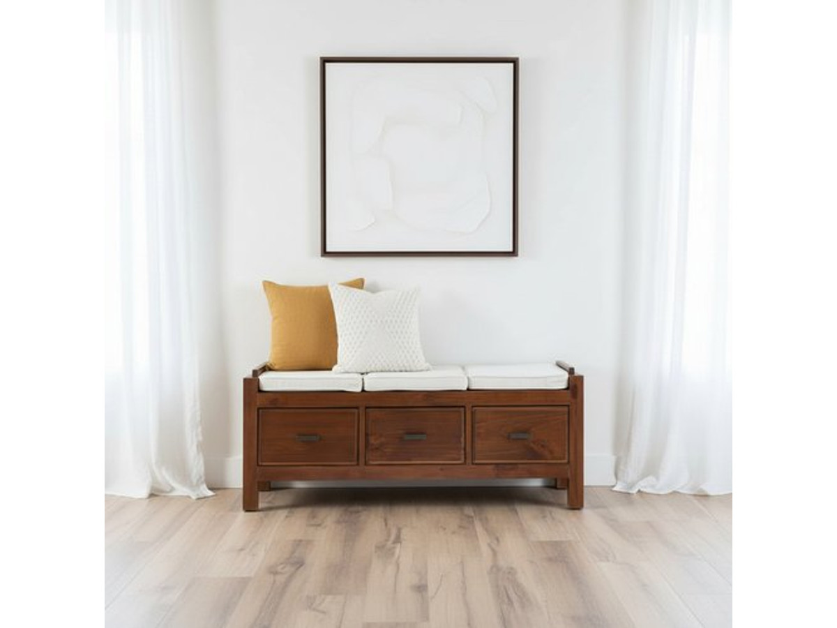 Nest banco descalzador de madera maciza de mindi con almacenaje y cojines