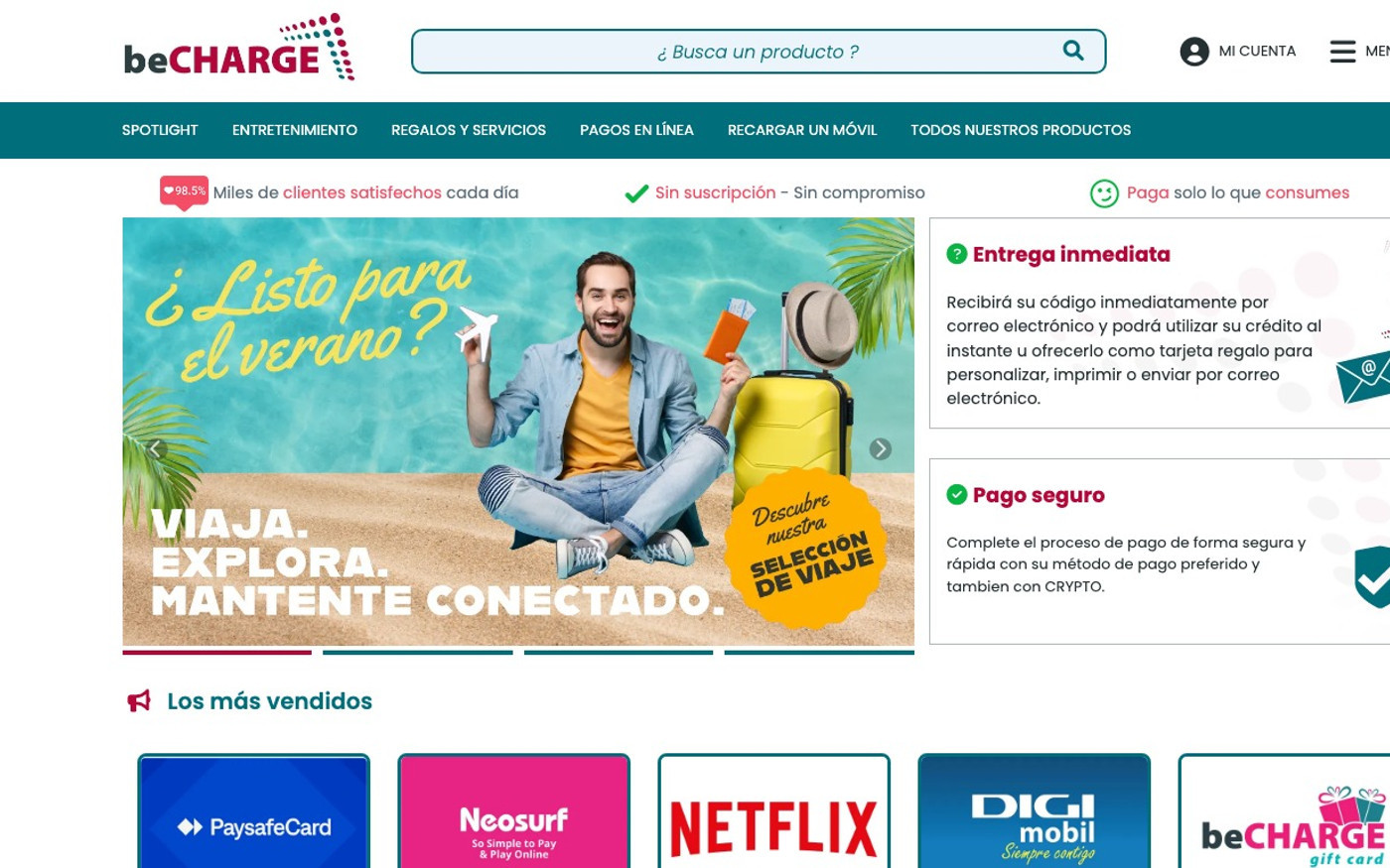 Captura de pantalla de la home de beCHARGE