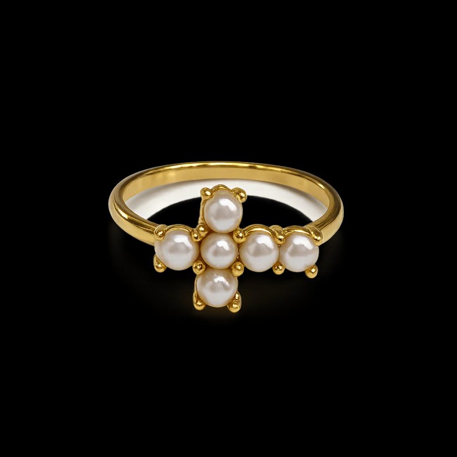 Anillo cruz perlas plata de ley y baño de oro 18K