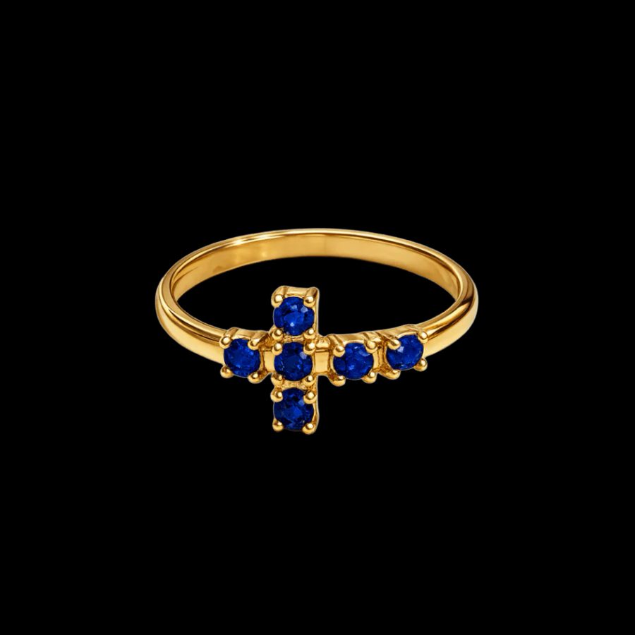 Anillo cruz piedras azules plata de ley y baño de oro 18K