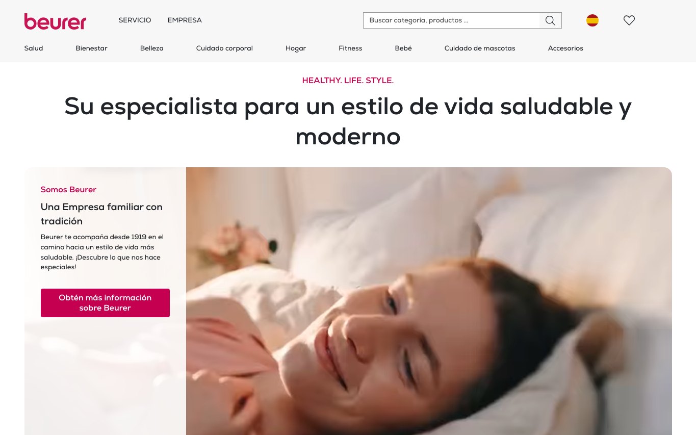 Captura de pantalla de la home de Beurer