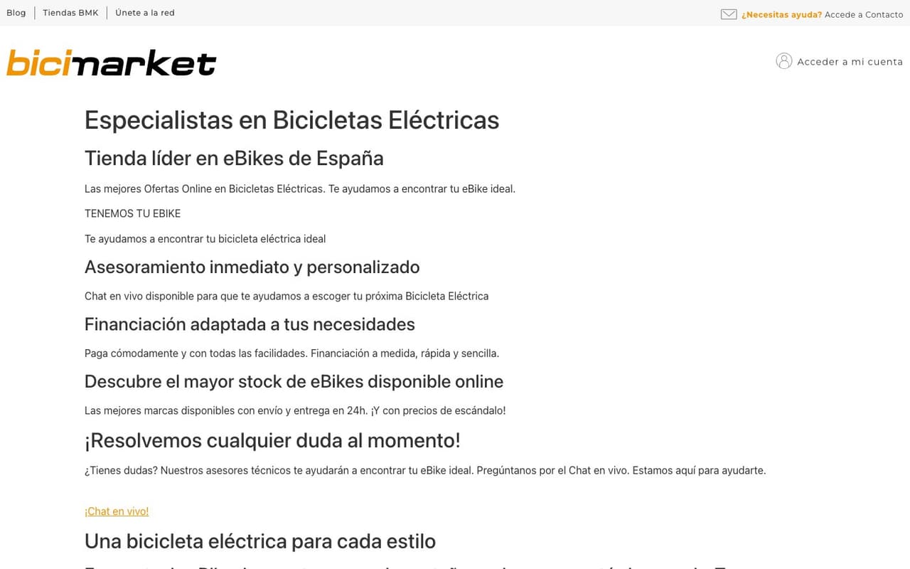 Captura de pantalla de la home de Bicimarket