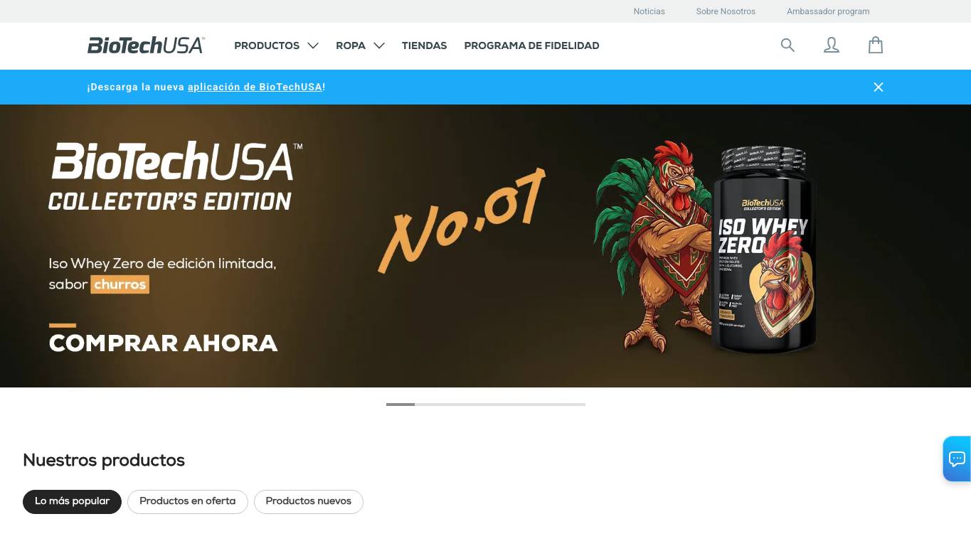Captura de pantalla de la home de BioTechUSA