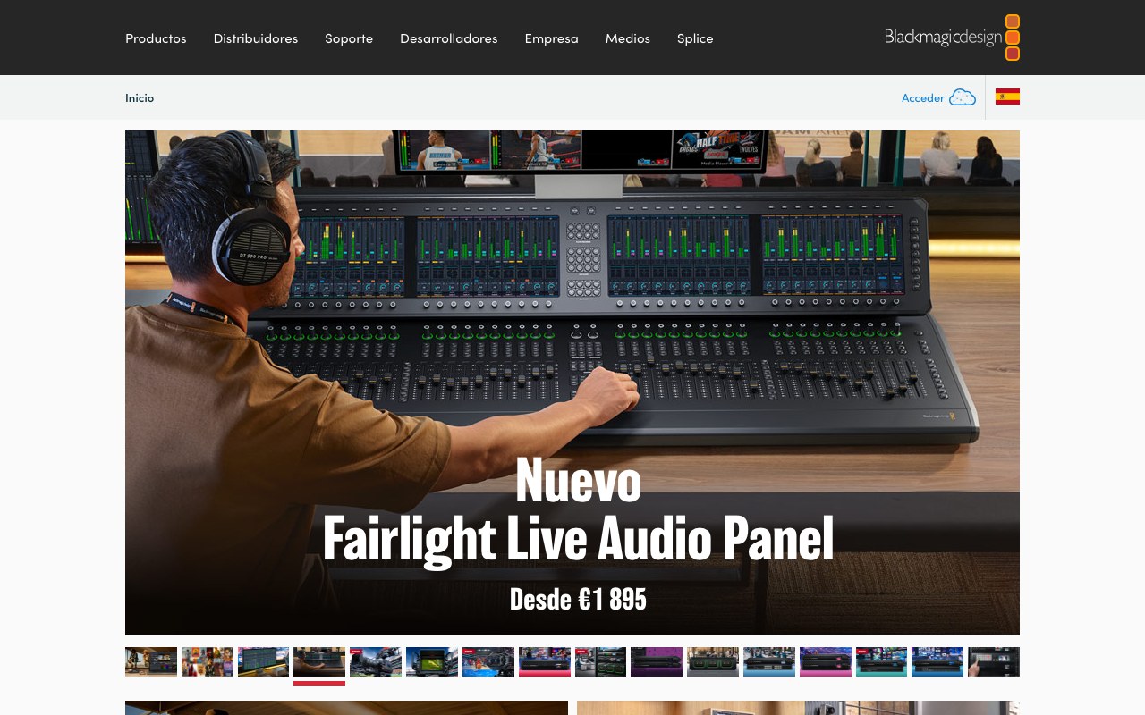 Captura de pantalla de la home de Blackmagic Design