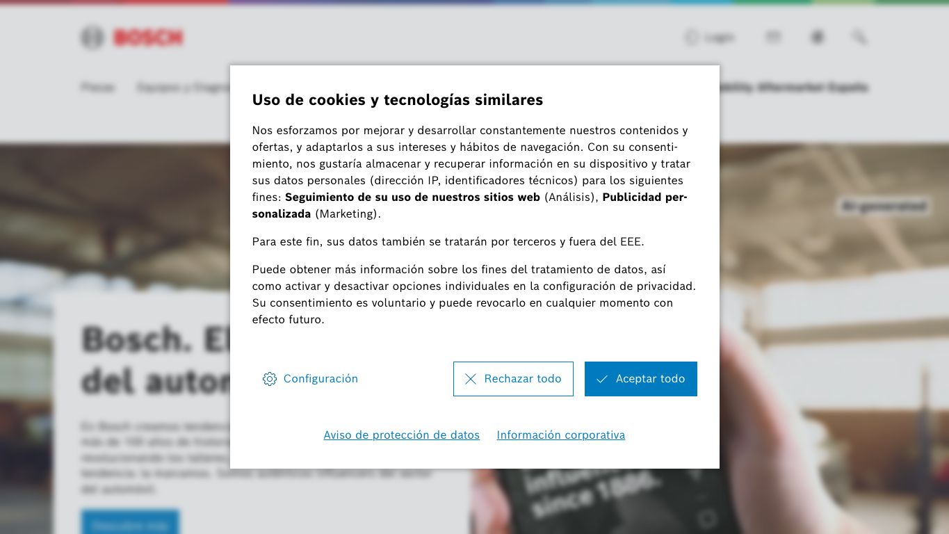 Captura de pantalla de la home de Bosch Aftermarket