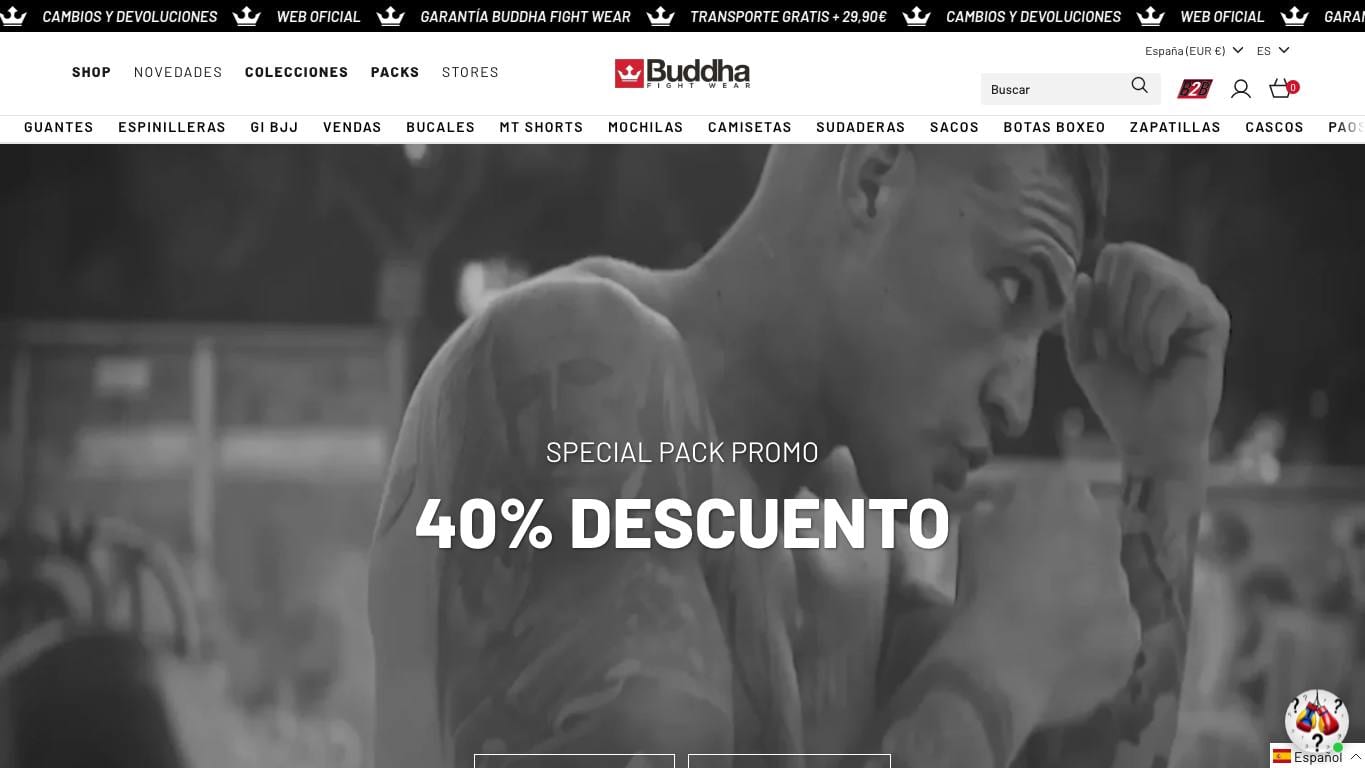 Captura de pantalla de la home de Buddha Fight Wear