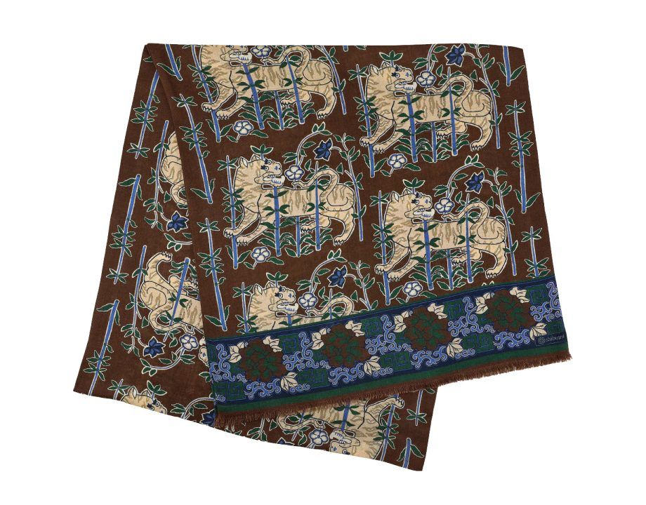 Tiger printed wool silk scarf brown