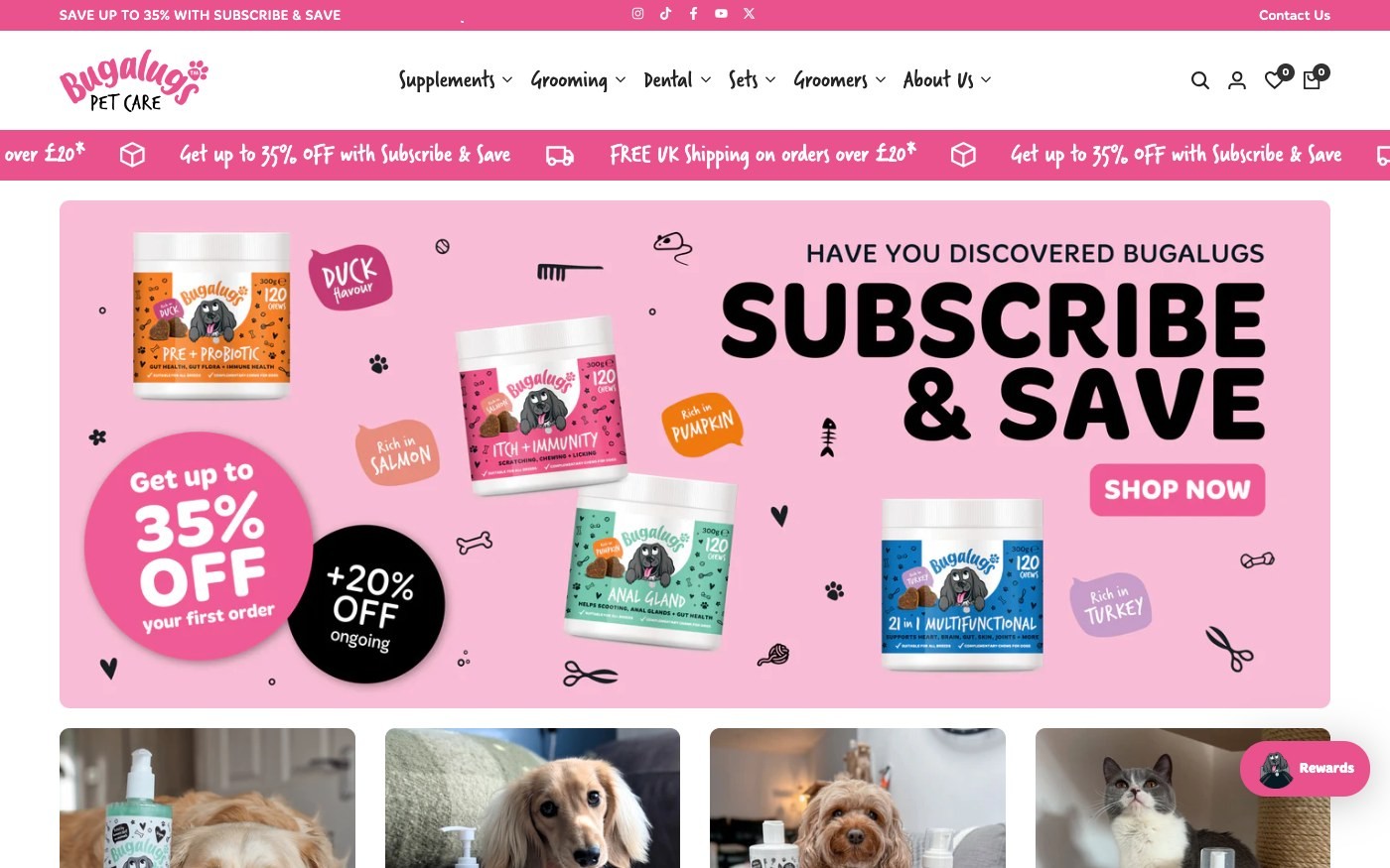 Captura de pantalla de la home de Bugalugs Pet Care