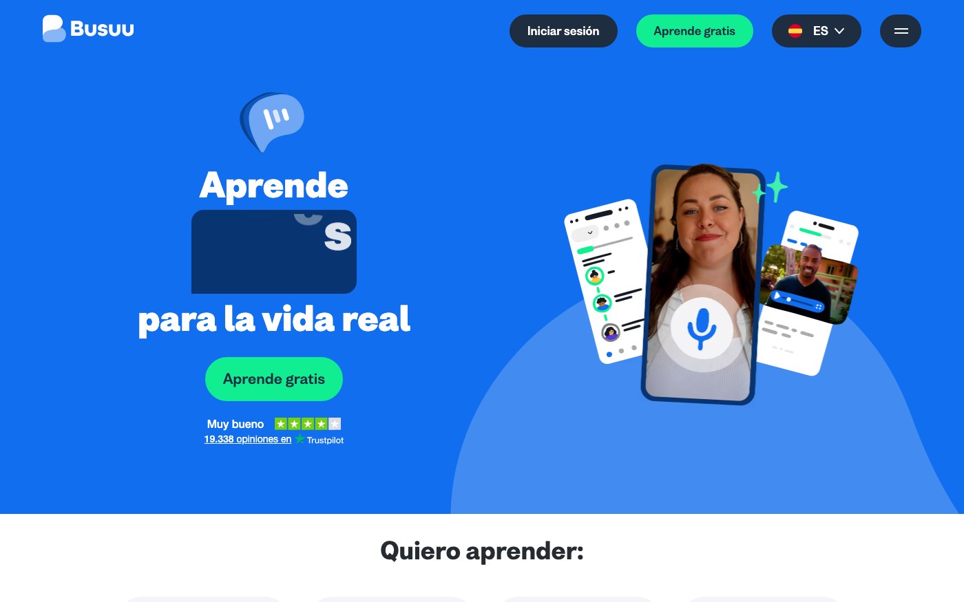 Captura limpia de la home oficial de Busuu