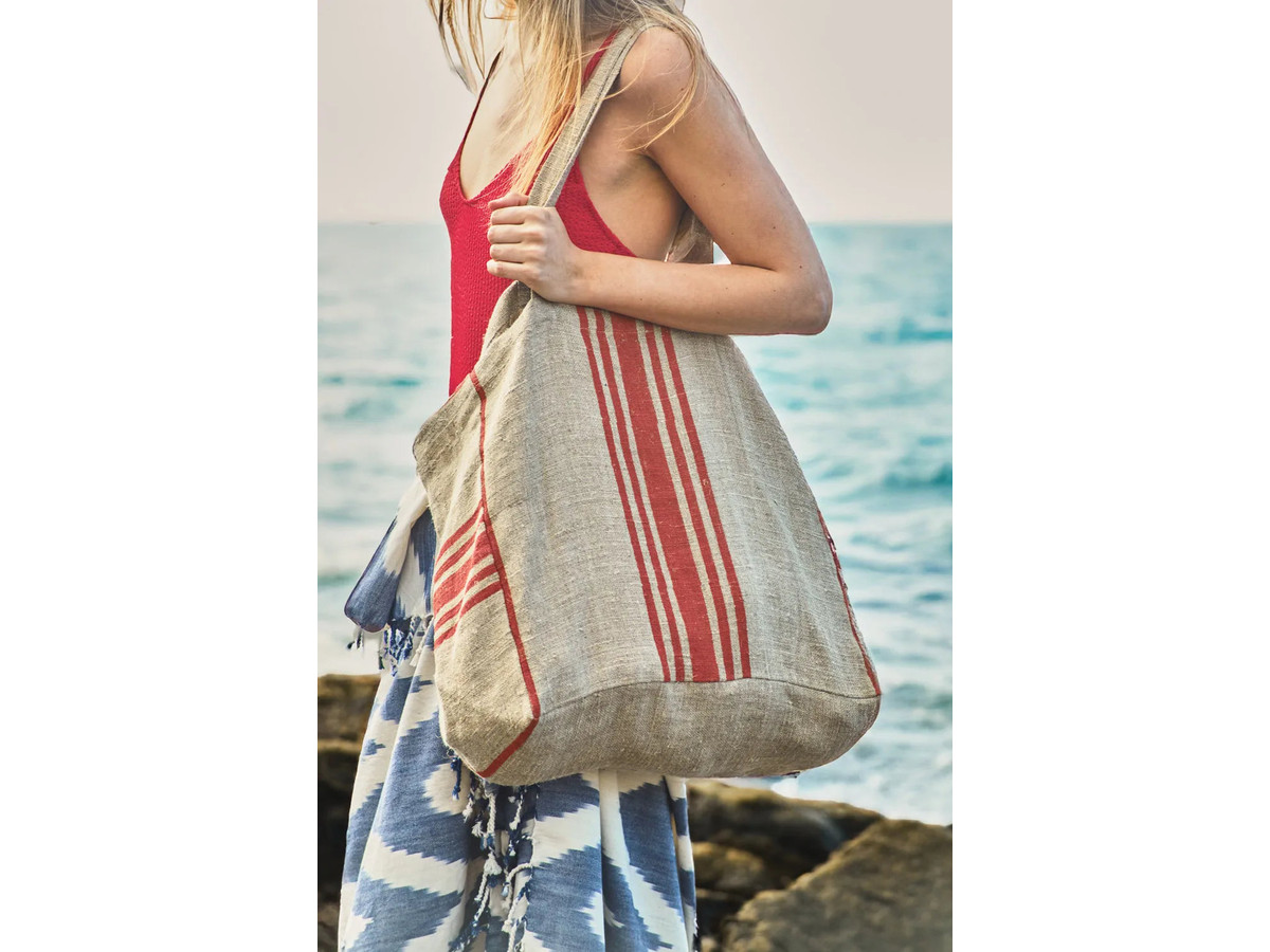 Bolso de lino estampado a rayas rojas Lili