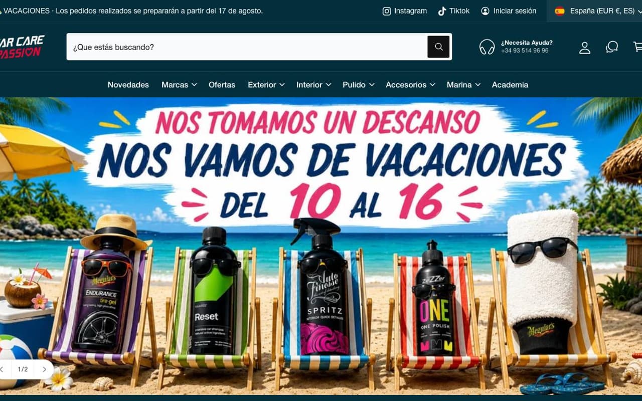 Captura de pantalla de la home de CarCare Passion