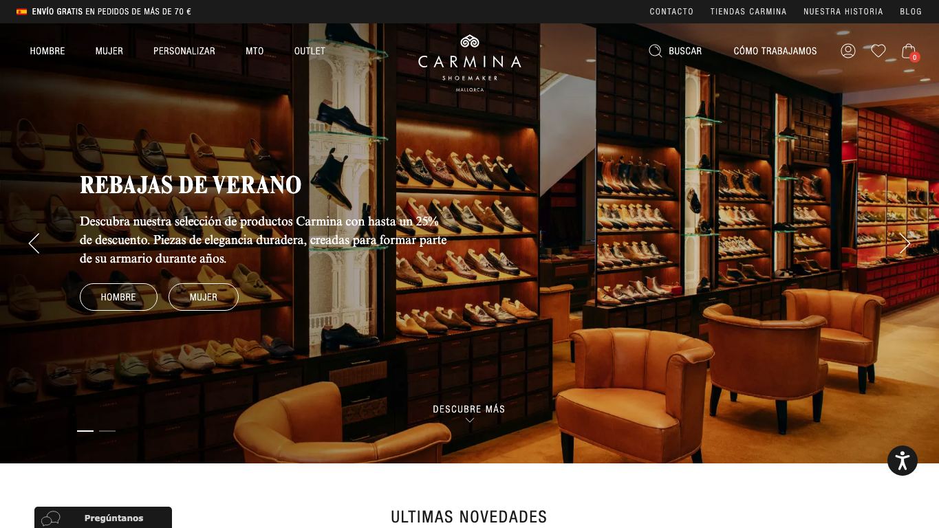 Captura real de la home de Carmina Shoemaker