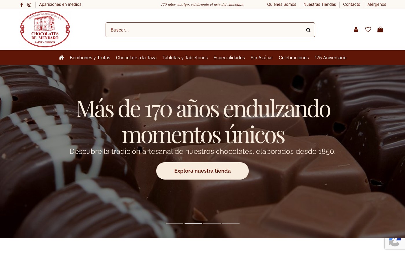 Captura de pantalla de la home de Chocolates de Mendaro