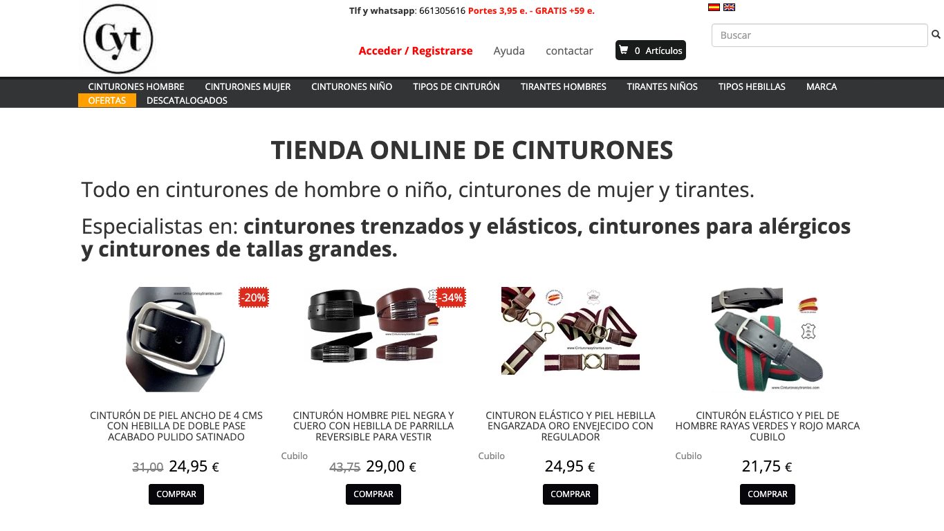 Captura real de la home de Cinturones y Tirantes