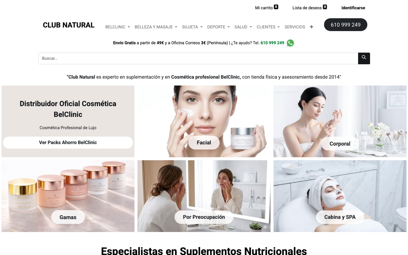 Captura de pantalla de la home de Club Natural