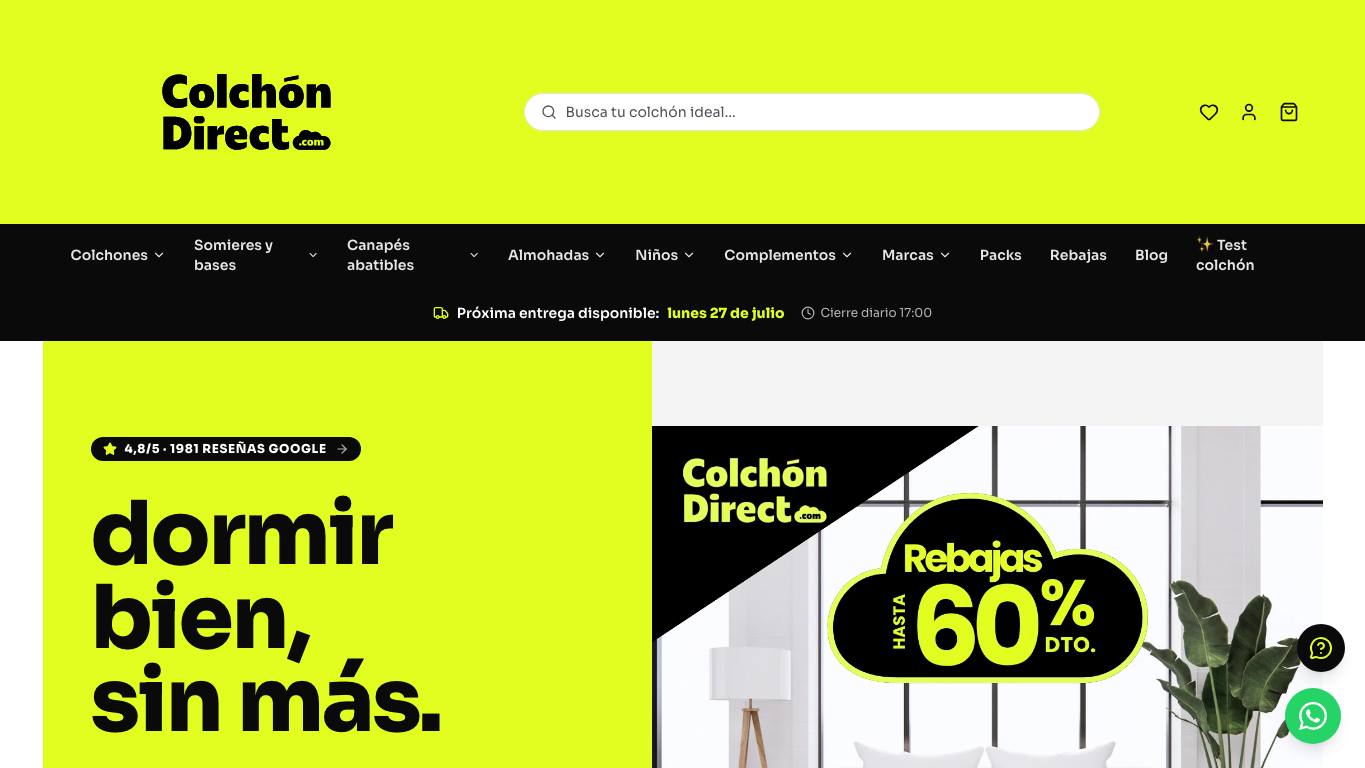 Captura de pantalla de la home de Colchón Direct