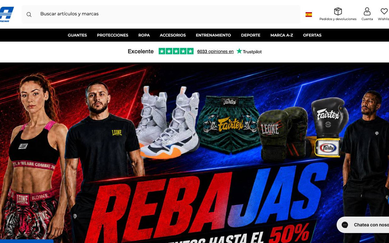 Captura limpia de la home de Combat Arena, tienda online de boxeo.