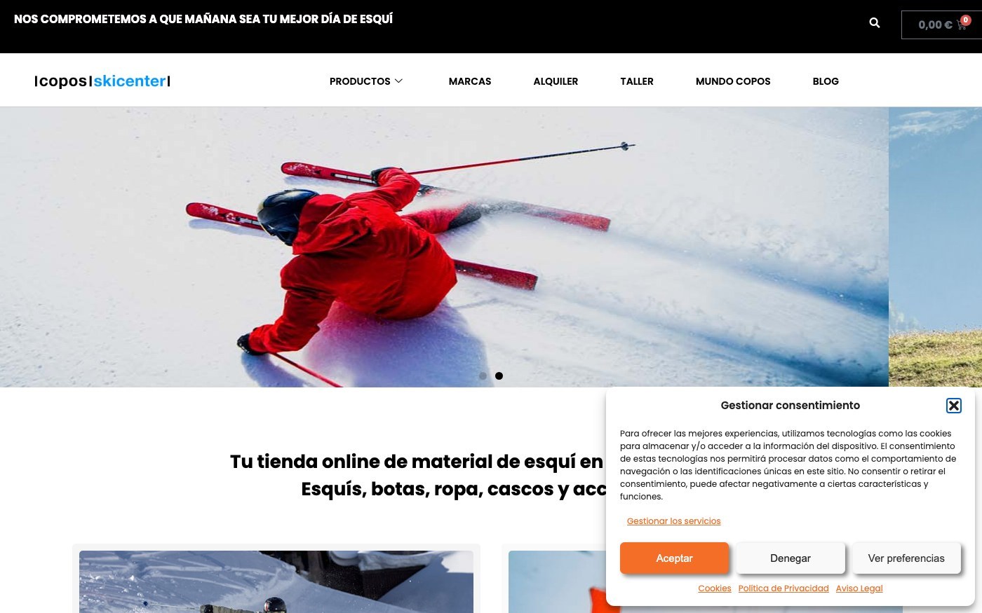 Captura de pantalla de la home de Copos Ski