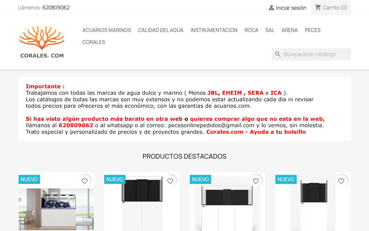 Captura de pantalla de la home de Corales.com