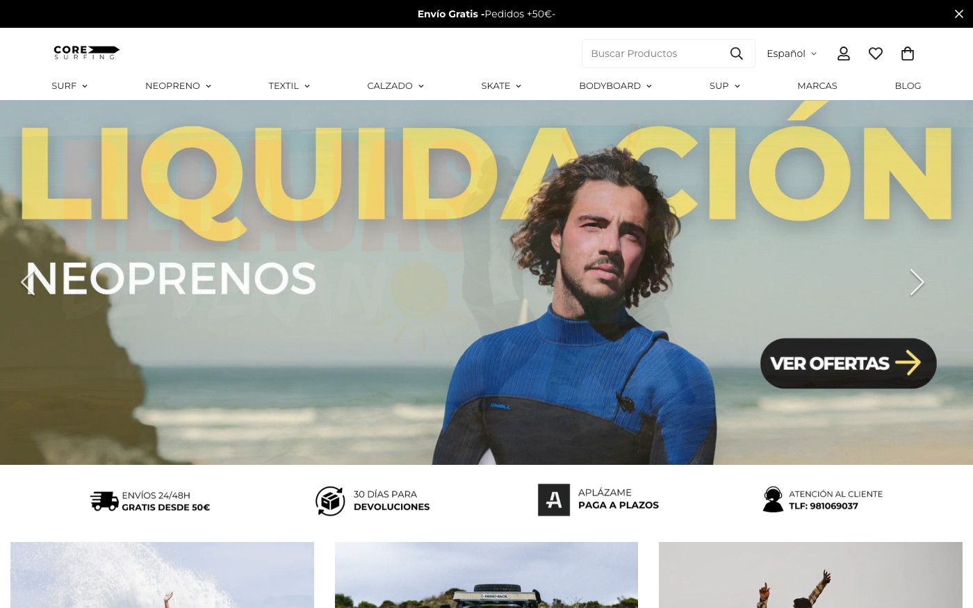 Captura limpia de la home oficial de Core Surfing Shop
