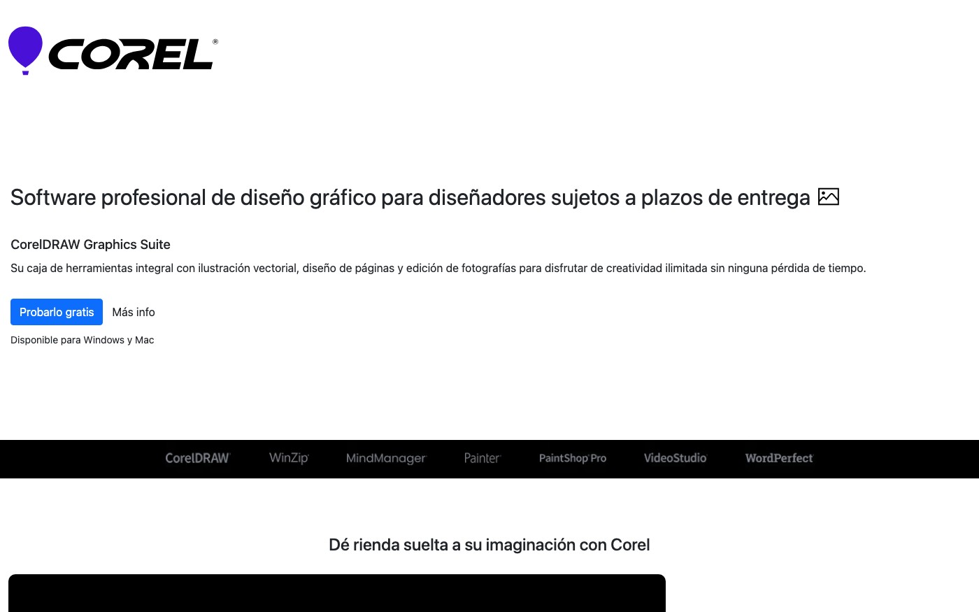 Captura de pantalla de la home de Corel