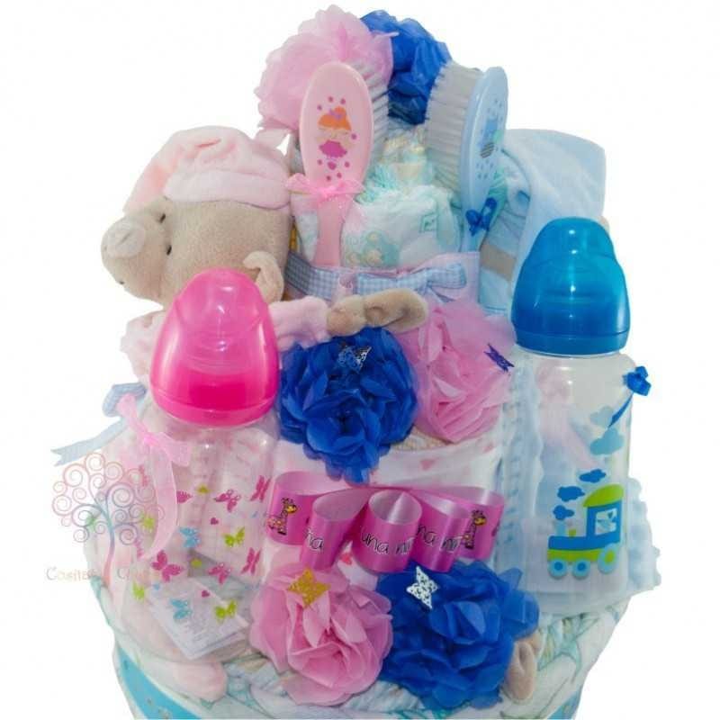 Tarta de pañales gemelar niño y niña