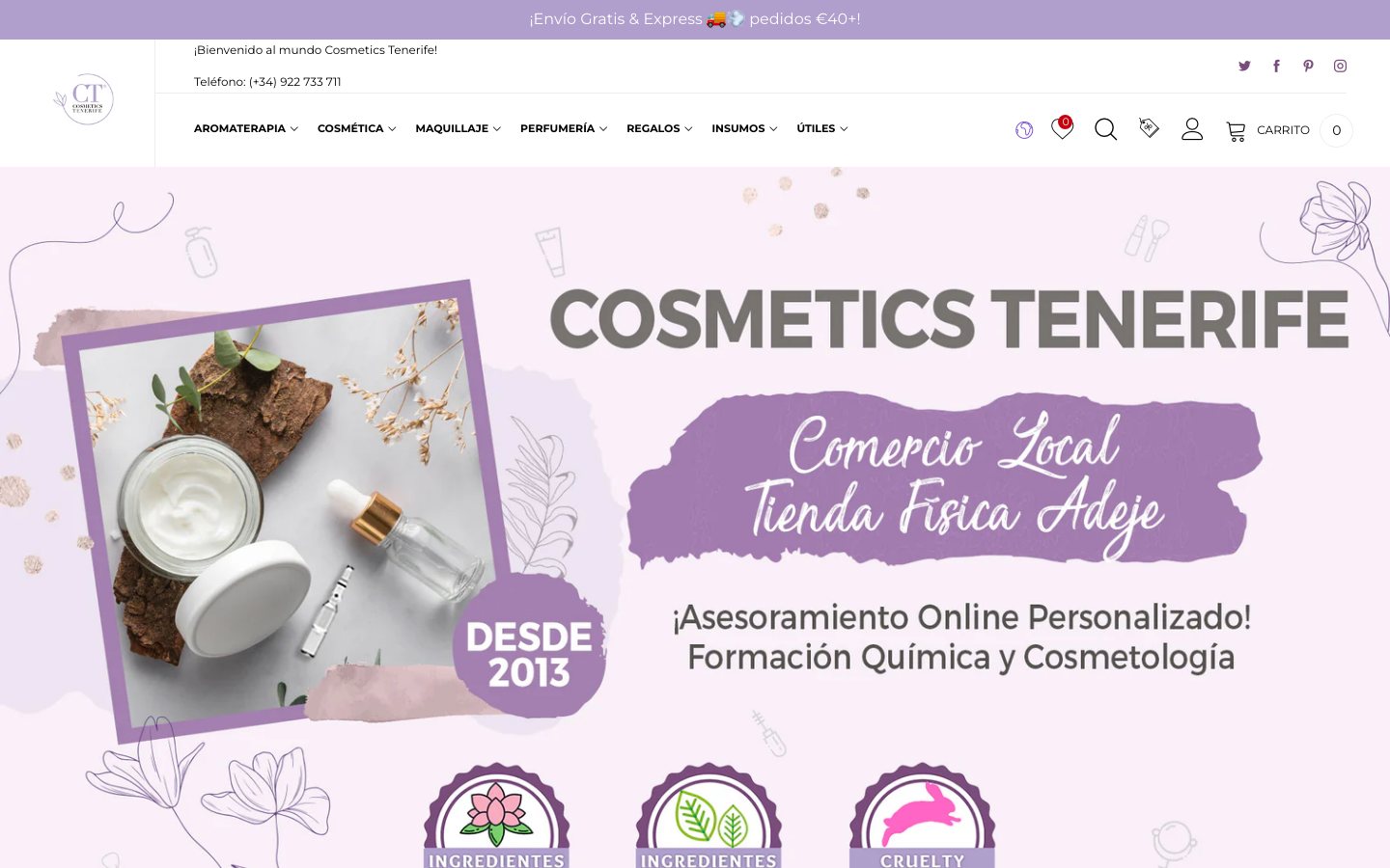 Captura de pantalla de la home de Cosmetics Tenerife
