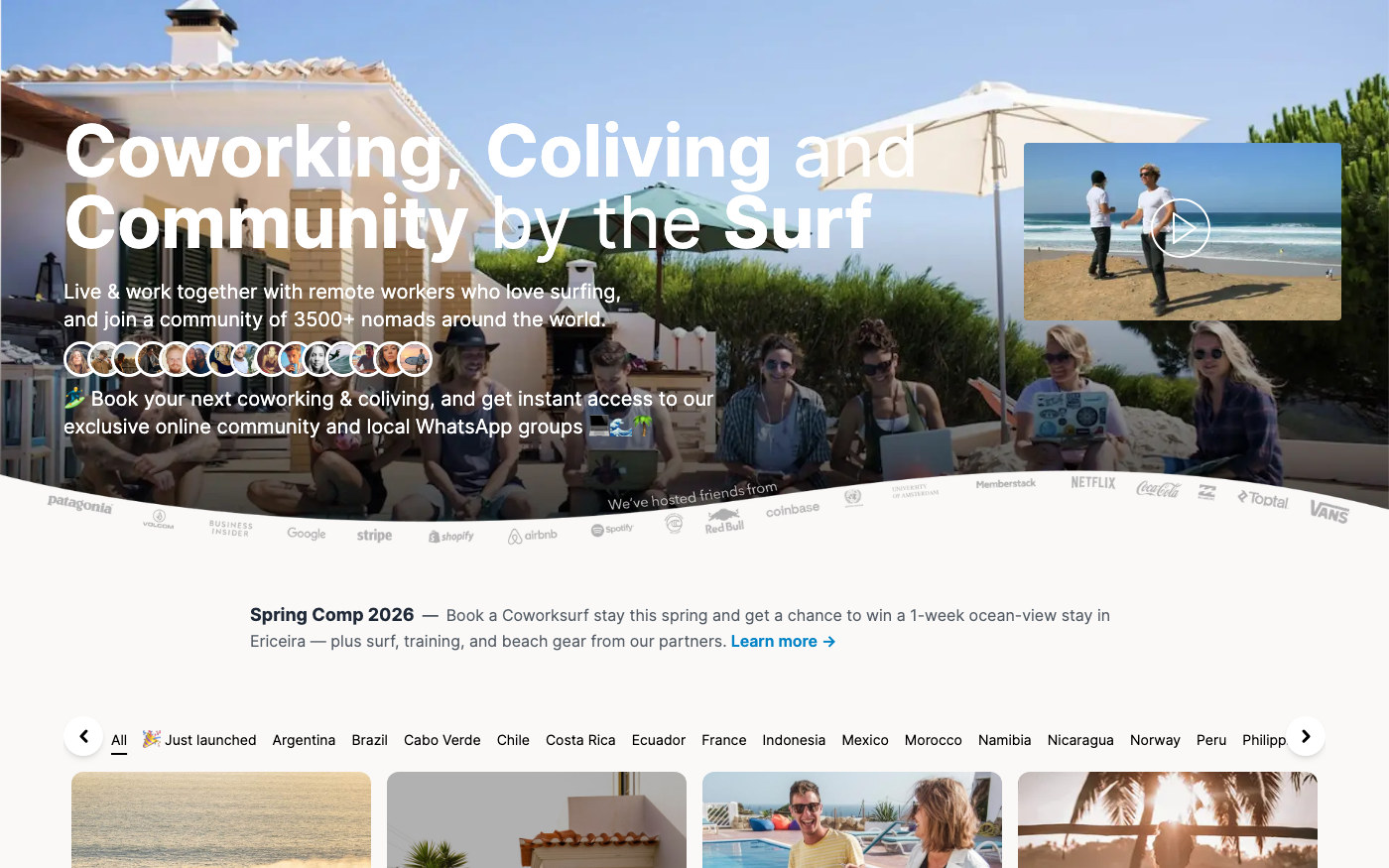 Captura de pantalla de la home de Coworksurf